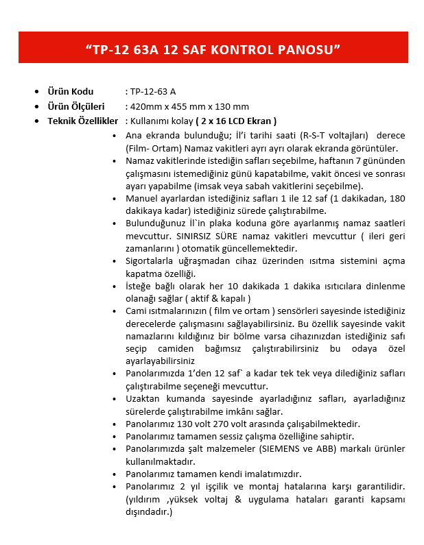 12 Saflık Tuşlu Wi-Fi li Cami Isıtma Panosu Uzaktan Kumandalı Tp-12 50Amper