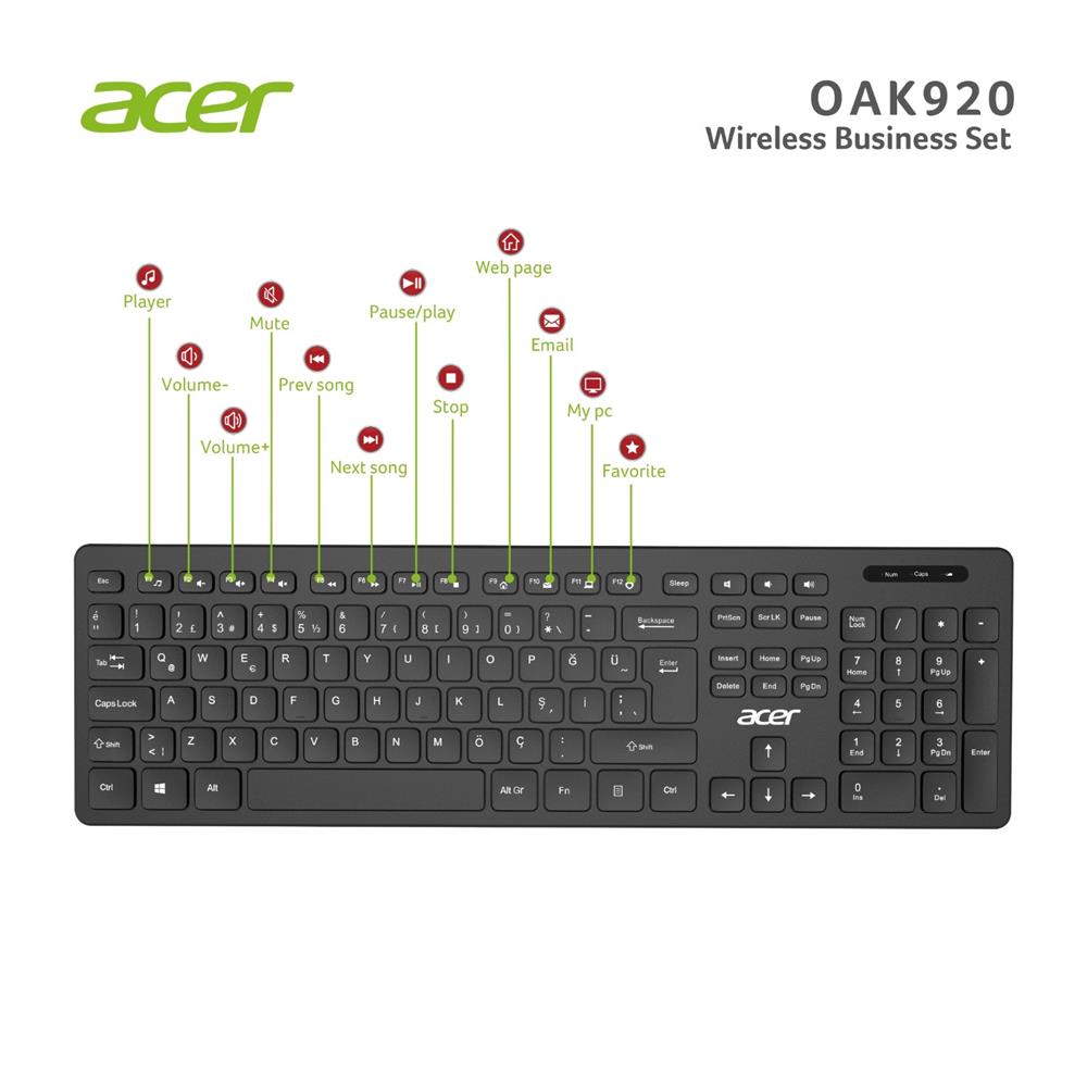 Acer OAK-920 Siyah Kablosuz Sessiz Tuşlu 2.4 Ghz Klavye Moue Set ( Mouse 1200Dpı) Caps Lock