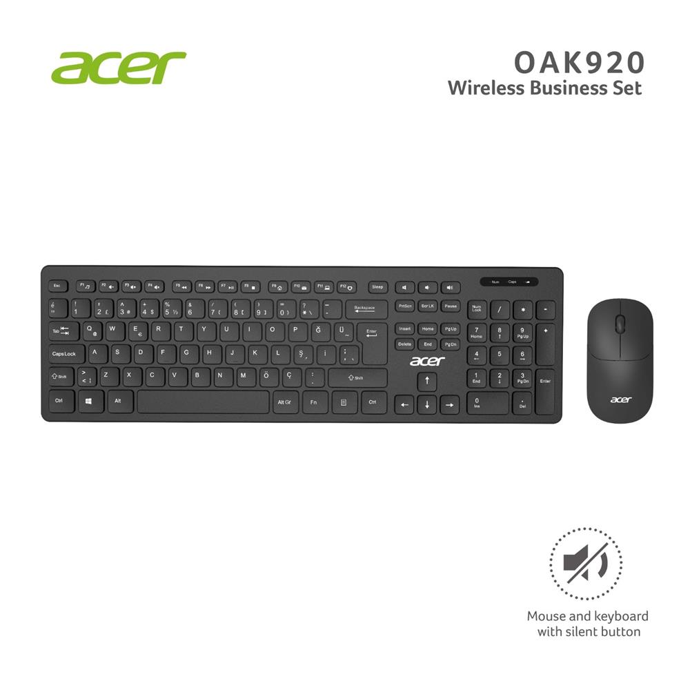 Acer OAK-920 Siyah Kablosuz Sessiz Tuşlu 2.4 Ghz Klavye Moue Set ( Mouse 1200Dpı) Caps Lock