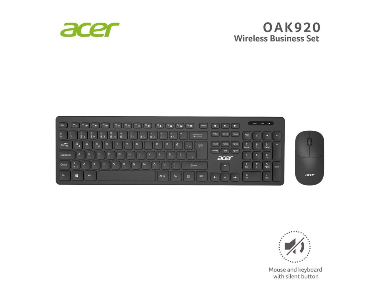 Acer OAK-920 Siyah Kablosuz Sessiz Tuşlu 2.4 Ghz Klavye Moue Set ( Mouse 1200Dpı) Caps Lock