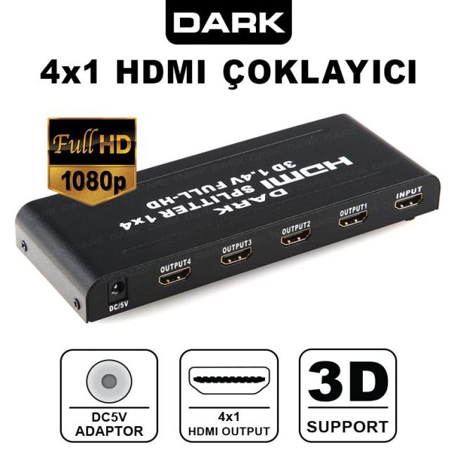 Dark DK-HD-SP4X1 Full HD 1 Giriş 4 Çıkışlı HDMI Splitter 4K